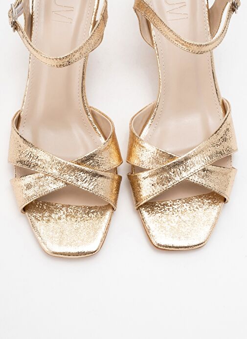 MELİN Altın Desenli Çapraz Bantlı Kadın Topuklu Ayakkabı - Görsel 3