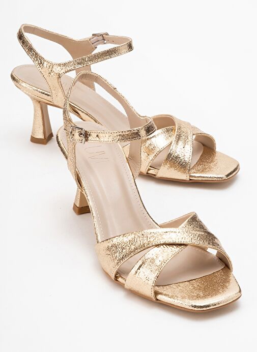 MELİN Altın Desenli Çapraz Bantlı Kadın Topuklu Ayakkabı - Görsel 2