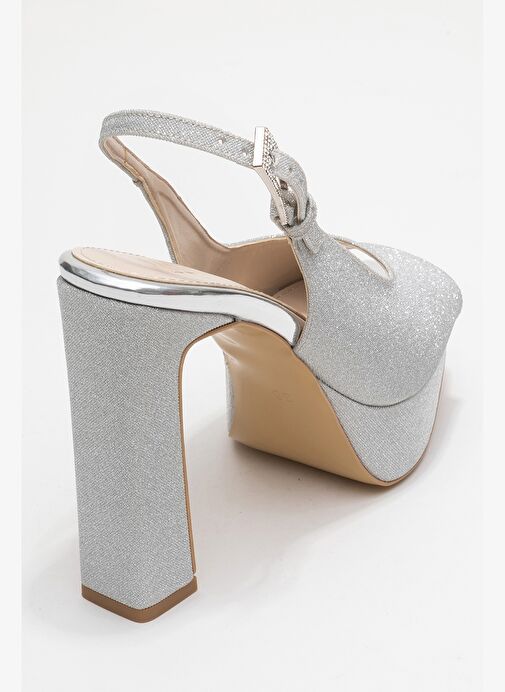 GLORA Gümüş Simli Kadın Platform Topuklu Abiye Ayakkabı - Görsel 6