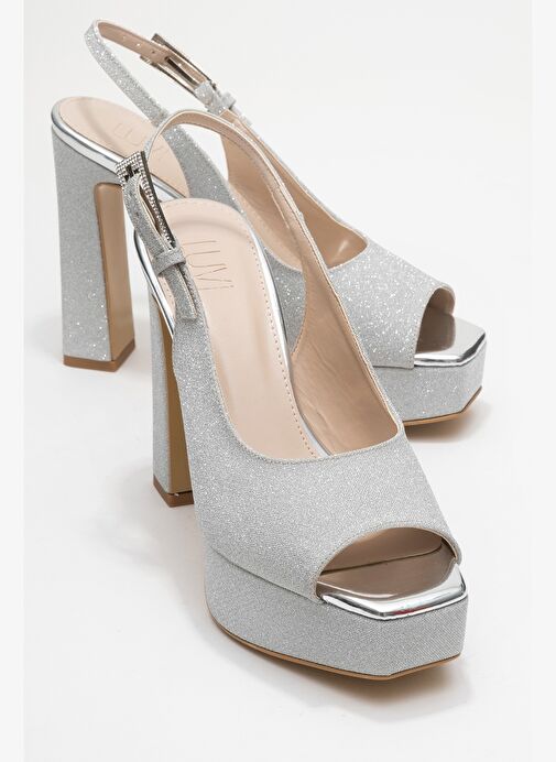 GLORA Gümüş Simli Kadın Platform Topuklu Abiye Ayakkabı - Görsel 2