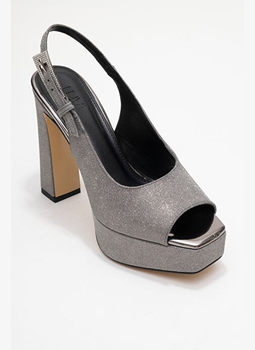 GLORA Platin Simli Kadın Platform Topuklu Abiye Ayakkabı - Görsel 4