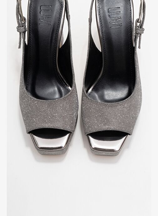 GLORA Platin Simli Kadın Platform Topuklu Abiye Ayakkabı - Görsel 3