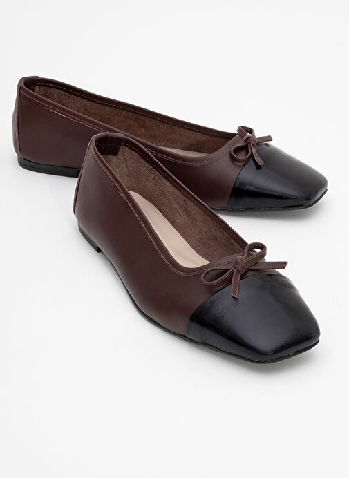 ROMY Kahverengi-Siyah Cilt Hakiki Deri Küt Burunlu Fiyonklu Kadın Babet Ayakkabı - Görsel 2