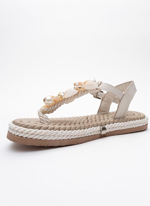 LELY Bej Deniz Kabuklu Hakiki Deri Kadın Parmak Arası Sandalet - Görsel 5