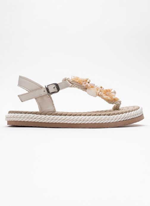 LELY Bej Deniz Kabuklu Hakiki Deri Kadın Parmak Arası Sandalet - Görsel 7