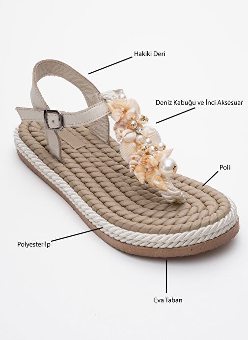 LELY Bej Deniz Kabuklu Hakiki Deri Kadın Parmak Arası Sandalet - Görsel 8