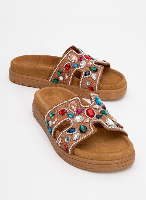 BRAVE Taba Hakiki Deri Renkli Taşlı Kadın Terlik - Görsel 2