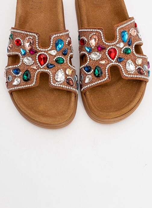 BRAVE Taba Hakiki Deri Renkli Taşlı Kadın Terlik - Görsel 3