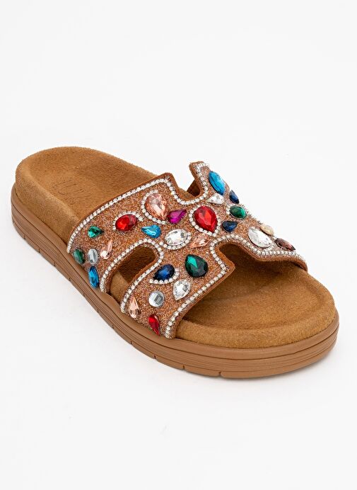 BRAVE Taba Hakiki Deri Renkli Taşlı Kadın Terlik - Görsel 4