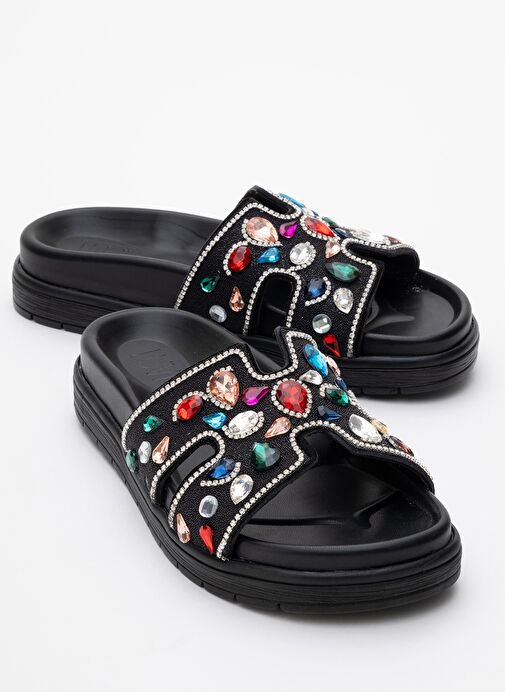 BRAVE Siyah Hakiki Deri Renkli Taşlı Kadın Terlik - Görsel 2