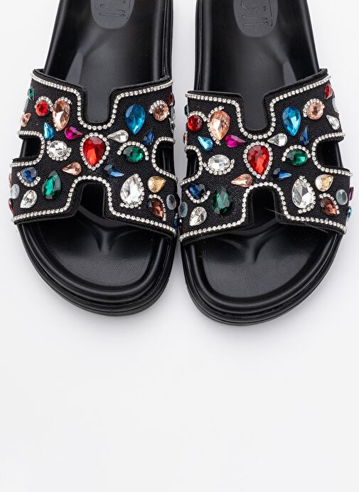 BRAVE Siyah Hakiki Deri Renkli Taşlı Kadın Terlik - Görsel 3