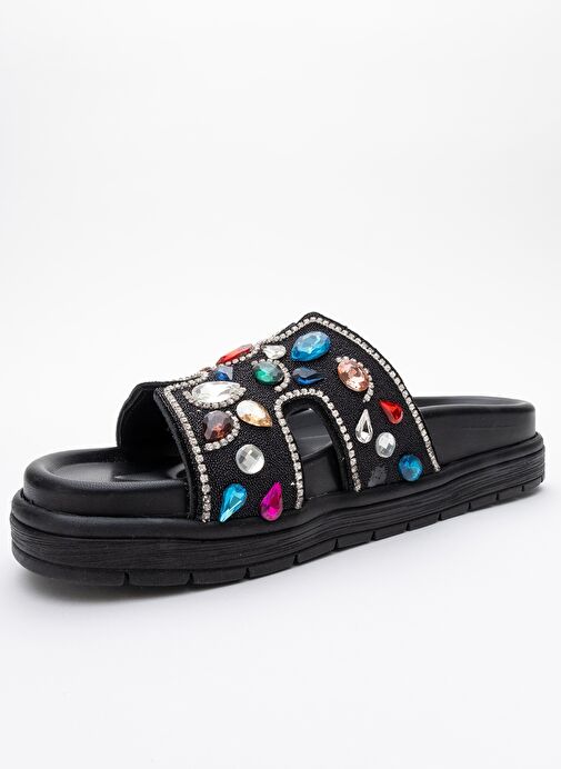 BRAVE Siyah Hakiki Deri Renkli Taşlı Kadın Terlik - Görsel 5