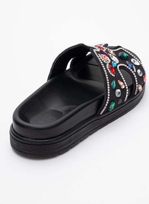 BRAVE Siyah Hakiki Deri Renkli Taşlı Kadın Terlik - Görsel 6
