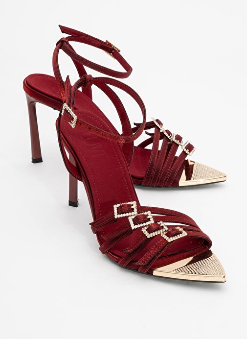 AURO Bordo Saten Taşlı Tokalı Kadın Topuklu Ayakkabı - Görsel 2