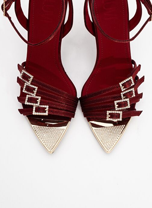 AURO Bordo Saten Taşlı Tokalı Kadın Topuklu Ayakkabı - Görsel 3