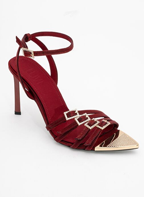 AURO Bordo Saten Taşlı Tokalı Kadın Topuklu Ayakkabı - Görsel 4