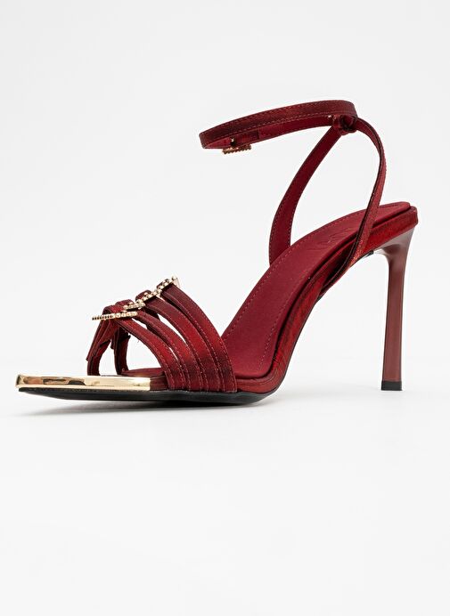 AURO Bordo Saten Taşlı Tokalı Kadın Topuklu Ayakkabı - Görsel 5