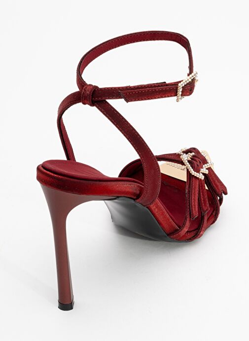 AURO Bordo Saten Taşlı Tokalı Kadın Topuklu Ayakkabı - Görsel 6