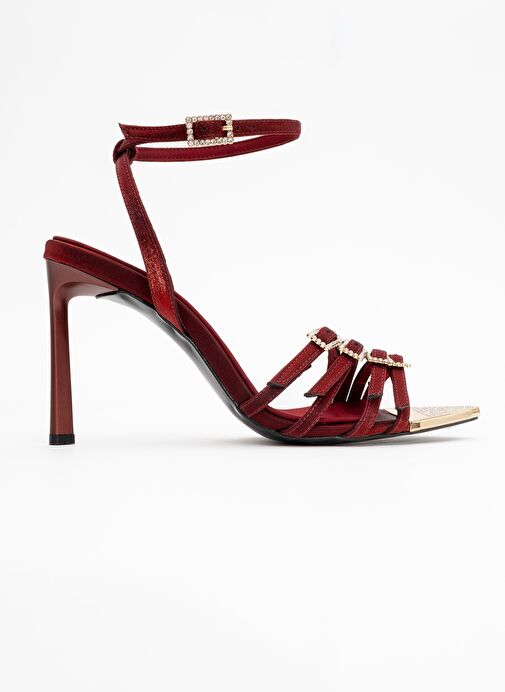 AURO Bordo Saten Taşlı Tokalı Kadın Topuklu Ayakkabı - Görsel 7