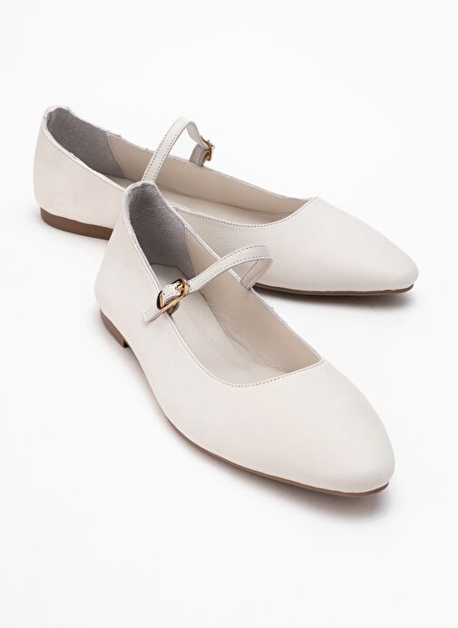 LUNAIRE Ekru Hakiki Deri Tek Bantlı Sivri Burun Kadın Babet Ayakkabı - Görsel 2