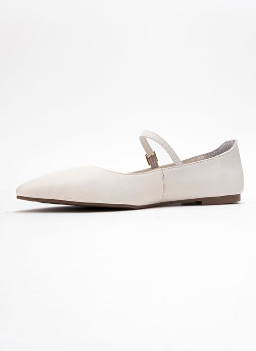 LUNAIRE Ekru Hakiki Deri Tek Bantlı Sivri Burun Kadın Babet Ayakkabı - Görsel 5