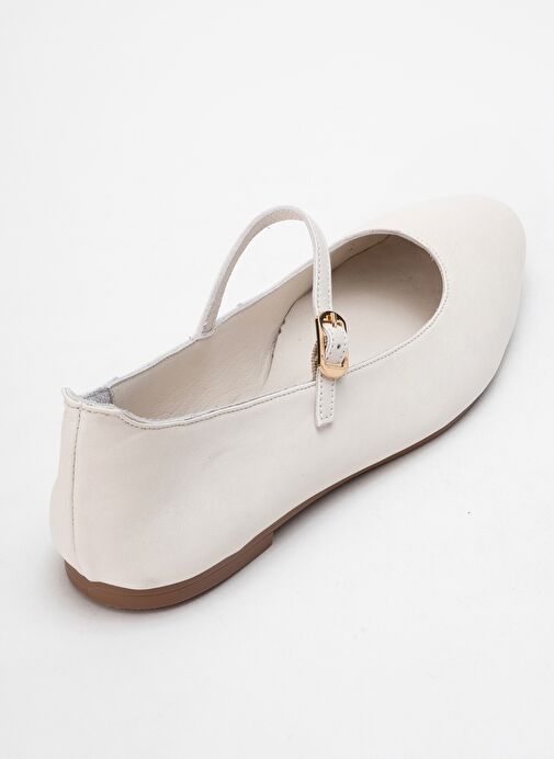 LUNAIRE Ekru Hakiki Deri Tek Bantlı Sivri Burun Kadın Babet Ayakkabı - Görsel 6