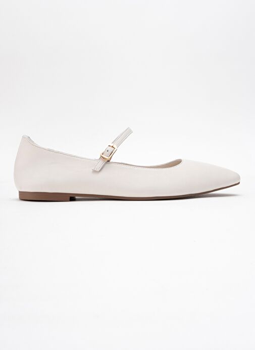 LUNAIRE Ekru Hakiki Deri Tek Bantlı Sivri Burun Kadın Babet Ayakkabı - Görsel 7