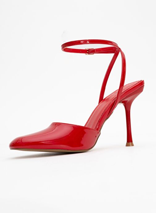 BLUES Kırmızı Rugan Yuvarlak Burun Bilekten Bağlamalı Kadın Yüksek Topuklu Ayakkabı - Görsel 5