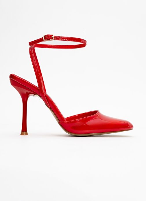 BLUES Kırmızı Rugan Yuvarlak Burun Bilekten Bağlamalı Kadın Yüksek Topuklu Ayakkabı - Görsel 7