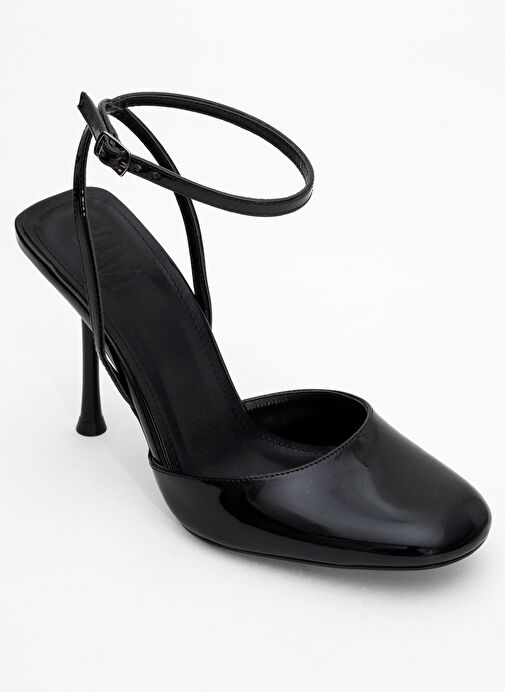 BLUES Siyah Rugan Yuvarlak Burun Bilekten Bağlamalı Kadın Yüksek Topuklu Ayakkabı - Görsel 4