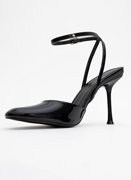 BLUES Siyah Rugan Yuvarlak Burun Bilekten Bağlamalı Kadın Yüksek Topuklu Ayakkabı - Görsel 5