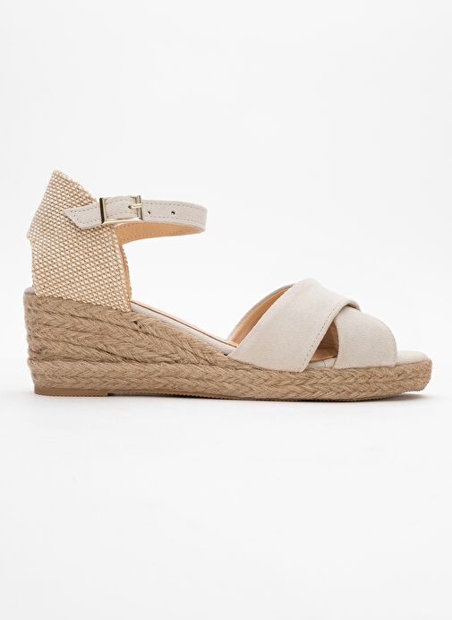 MİRİA Bej Süet Hakiki Deri Çapraz Bantlı Kadın Dolgu Topuklu Sandalet - Görsel 7