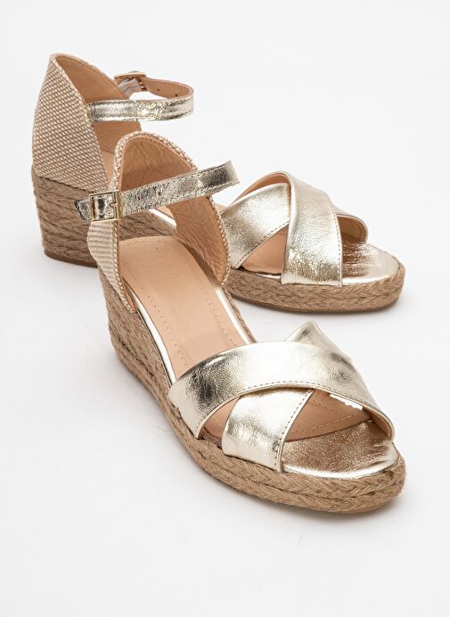 MİRİA Altın Hakiki Deri Çapraz Bantlı Kadın Dolgu Topuklu Sandalet - Görsel 2