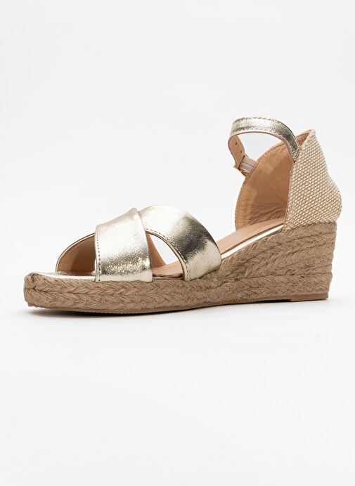 MİRİA Altın Hakiki Deri Çapraz Bantlı Kadın Dolgu Topuklu Sandalet - Görsel 5