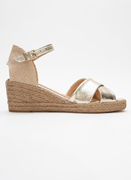 MİRİA Altın Hakiki Deri Çapraz Bantlı Kadın Dolgu Topuklu Sandalet - Görsel 7