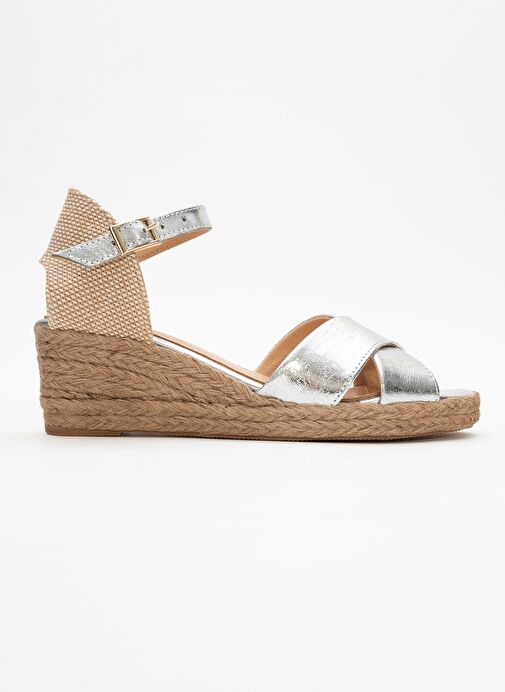 MİRİA Gümüş Hakiki Deri Çapraz Bantlı Kadın Dolgu Topuklu Sandalet - Görsel 7