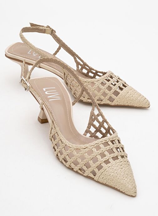 HEAVEN Bej Örme Arkası Açık Kadın Kısa Topuklu Ayakkabı - Görsel 2