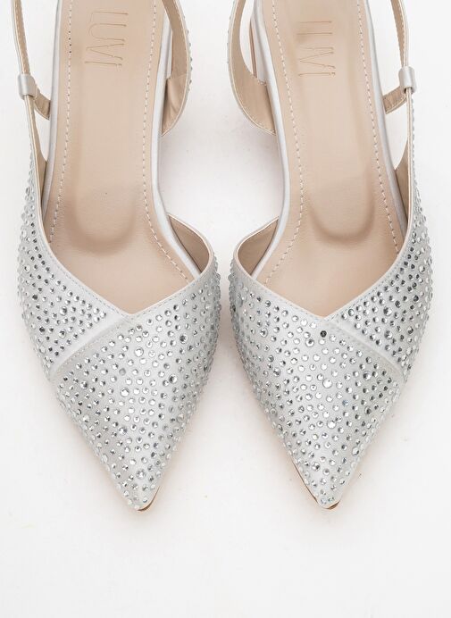 SELLA Gümüş Saten Taşlı Kadın Kısa Topuklu Ayakkkabı - Görsel 3