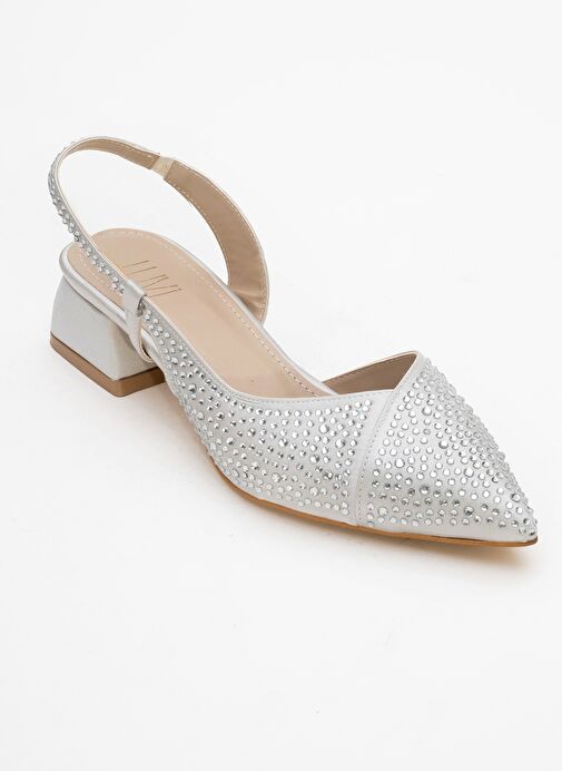 SELLA Gümüş Saten Taşlı Kadın Kısa Topuklu Ayakkkabı - Görsel 4