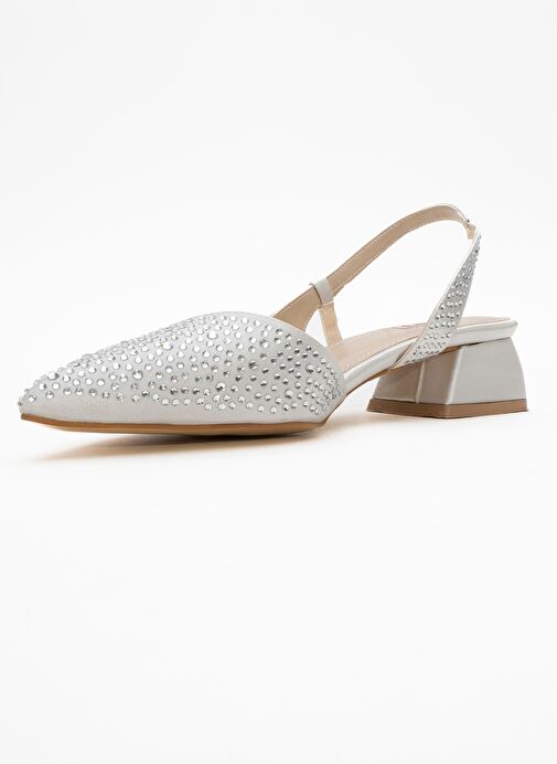 SELLA Gümüş Saten Taşlı Kadın Kısa Topuklu Ayakkkabı - Görsel 5