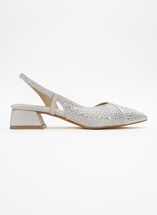 SELLA Gümüş Saten Taşlı Kadın Kısa Topuklu Ayakkkabı - Görsel 7
