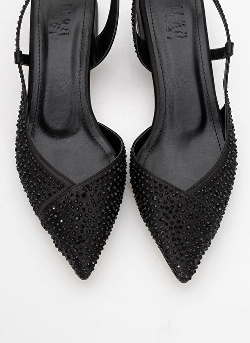 SELLA Siyah Saten Taşlı Kadın Kısa Topuklu Ayakkkabı - Görsel 3