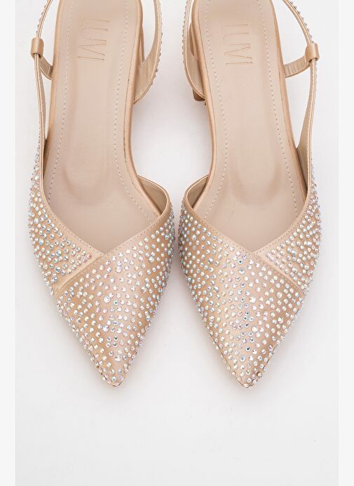 SELLA Bej Saten Taşlı Kadın Kısa Topuklu Ayakkkabı - Görsel 3