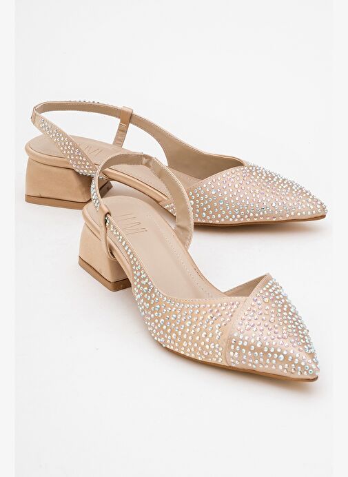 SELLA Bej Saten Taşlı Kadın Kısa Topuklu Ayakkkabı - Görsel 2
