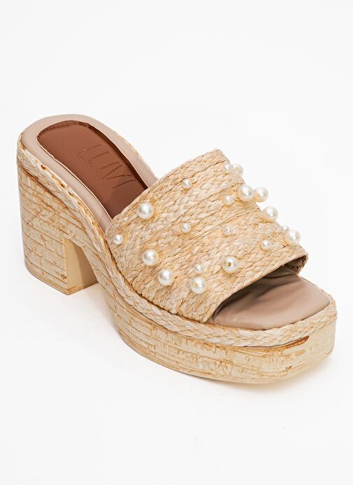 RAYNE Bej Hasır İncili Kadın Platform Topuklu Terlik - Görsel 4