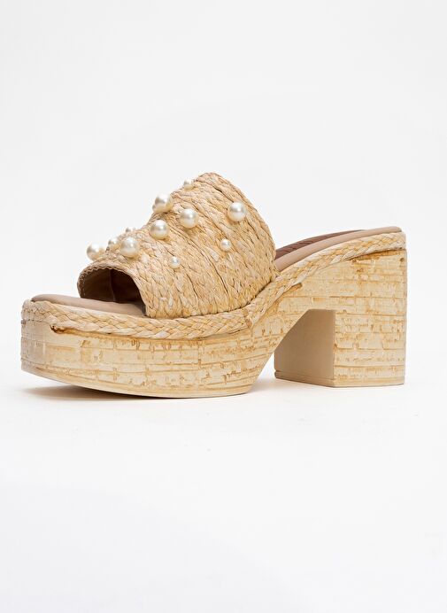 RAYNE Bej Hasır İncili Kadın Platform Topuklu Terlik - Görsel 5