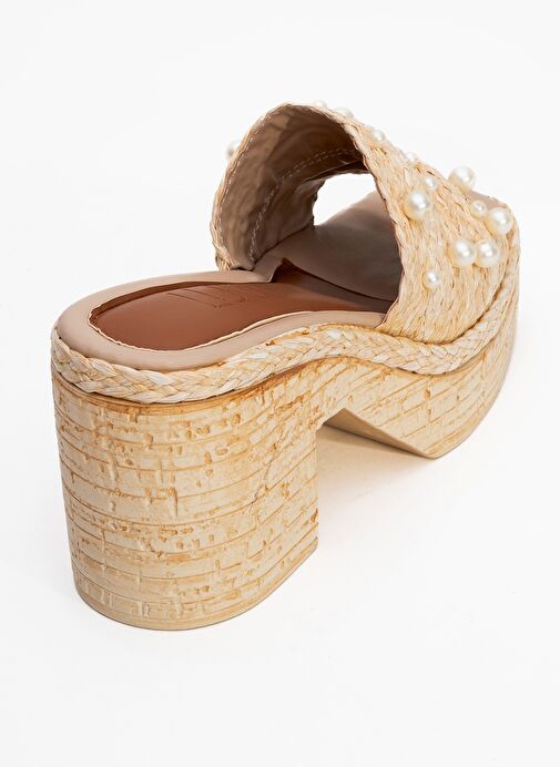 RAYNE Bej Hasır İncili Kadın Platform Topuklu Terlik - Görsel 6