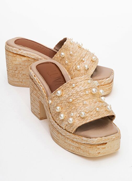 RAYNE Bej Hasır İncili Kadın Platform Topuklu Terlik - Görsel 2