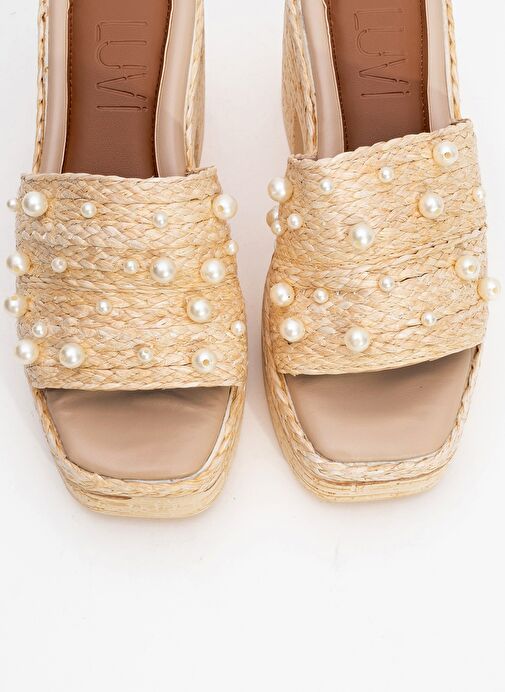 RAYNE Bej Hasır İncili Kadın Platform Topuklu Terlik - Görsel 3