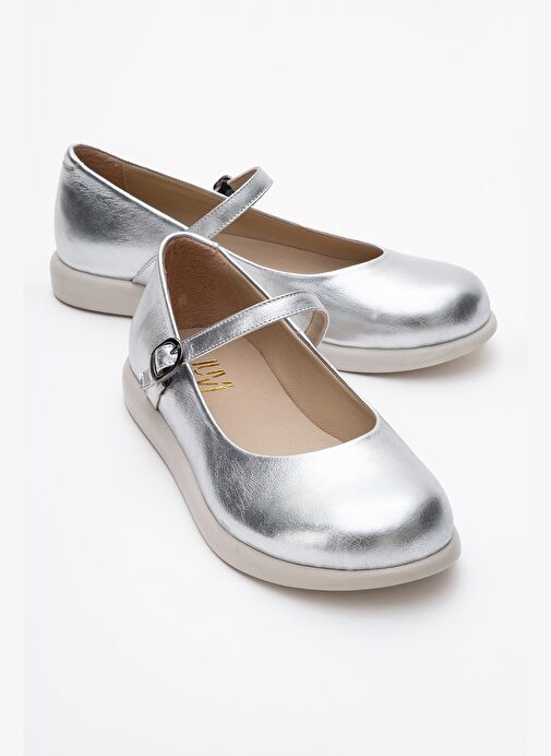 ANİSA Metalik Gümüş Bantlı Hakiki Deri Kadın Babet Ayakkabı - Görsel 2